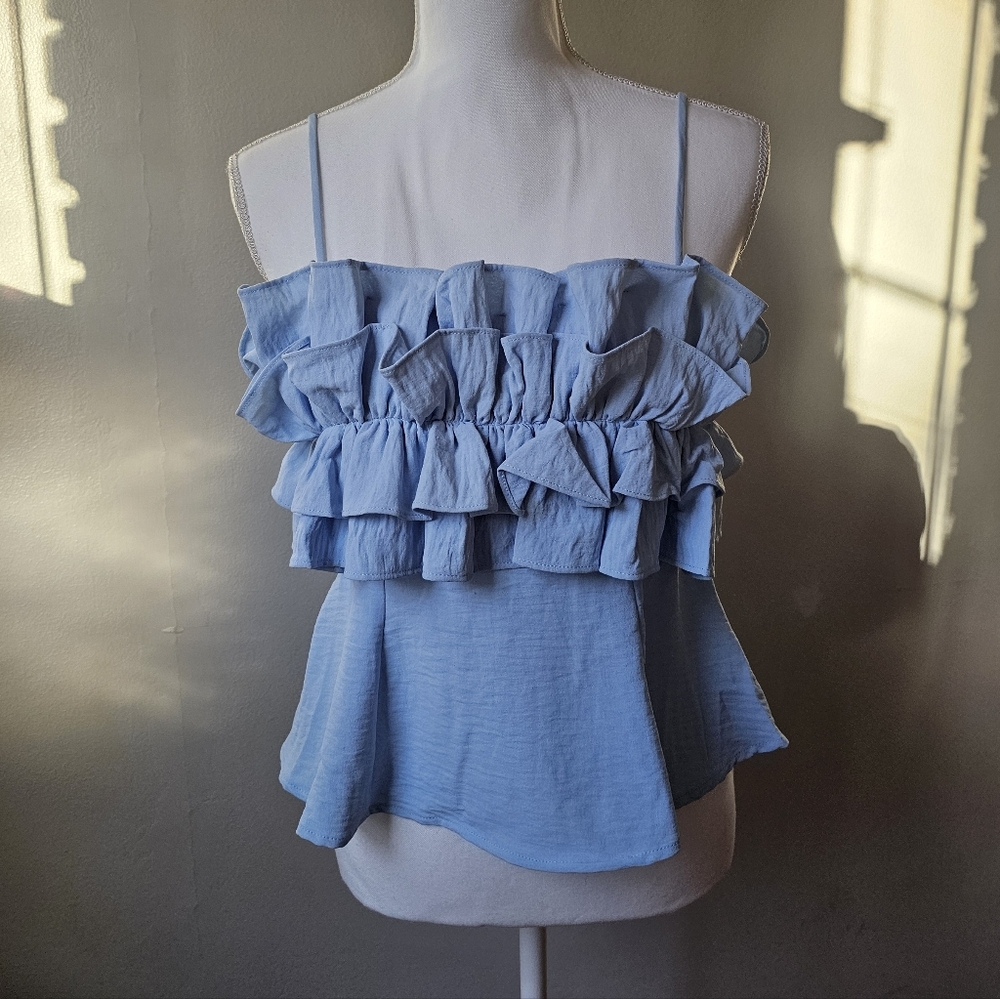 Sienna Sky Powder Blue Ruffle Tiered Spaghetti Strap Camisole